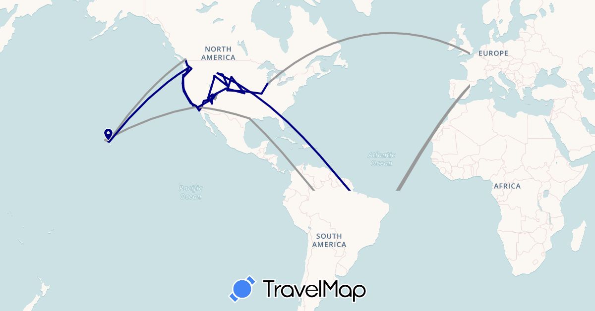 TravelMap itinerary: driving, bus, plane in Brazil, Canada, Switzerland, United States (Europe, North America, South America)