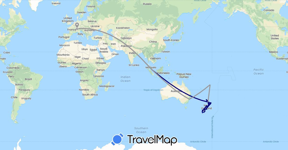 TravelMap itinerary: driving, plane, boat in Australia, Switzerland, Fiji, New Zealand, Singapore (Asia, Europe, Oceania)